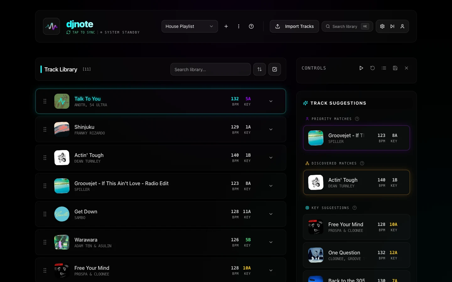 Η desktop βιβλιοθήκη κομματιών του DJNote με BPM, μουσικές κλίμακες και προτεινόμενα κομμάτια.